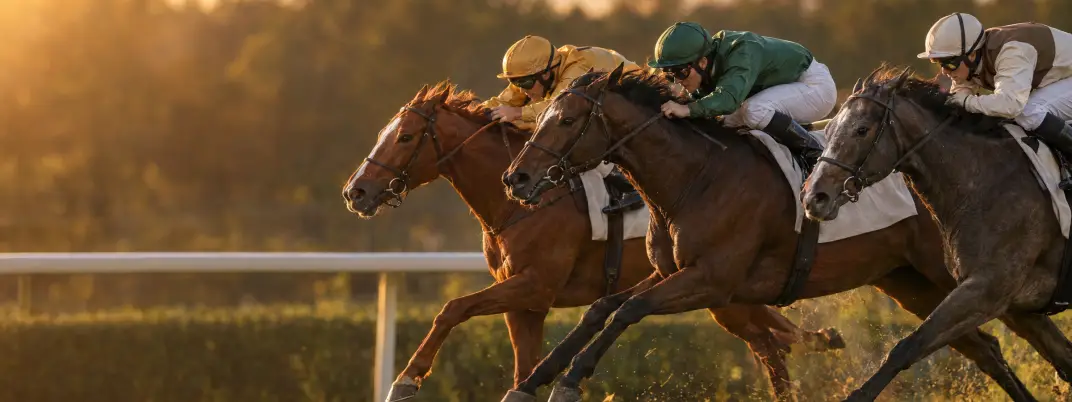 Arrivée serrée de chevaux de galop au poteau