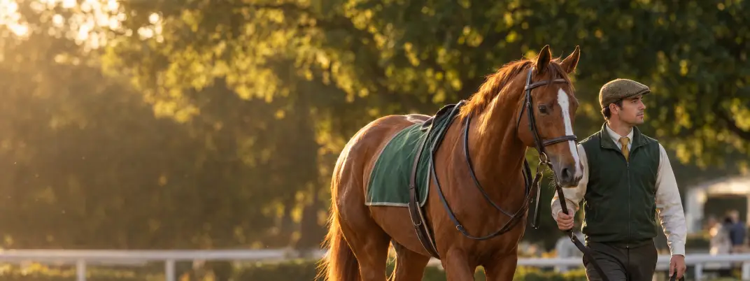Cheval de course présenté au rond de présentation